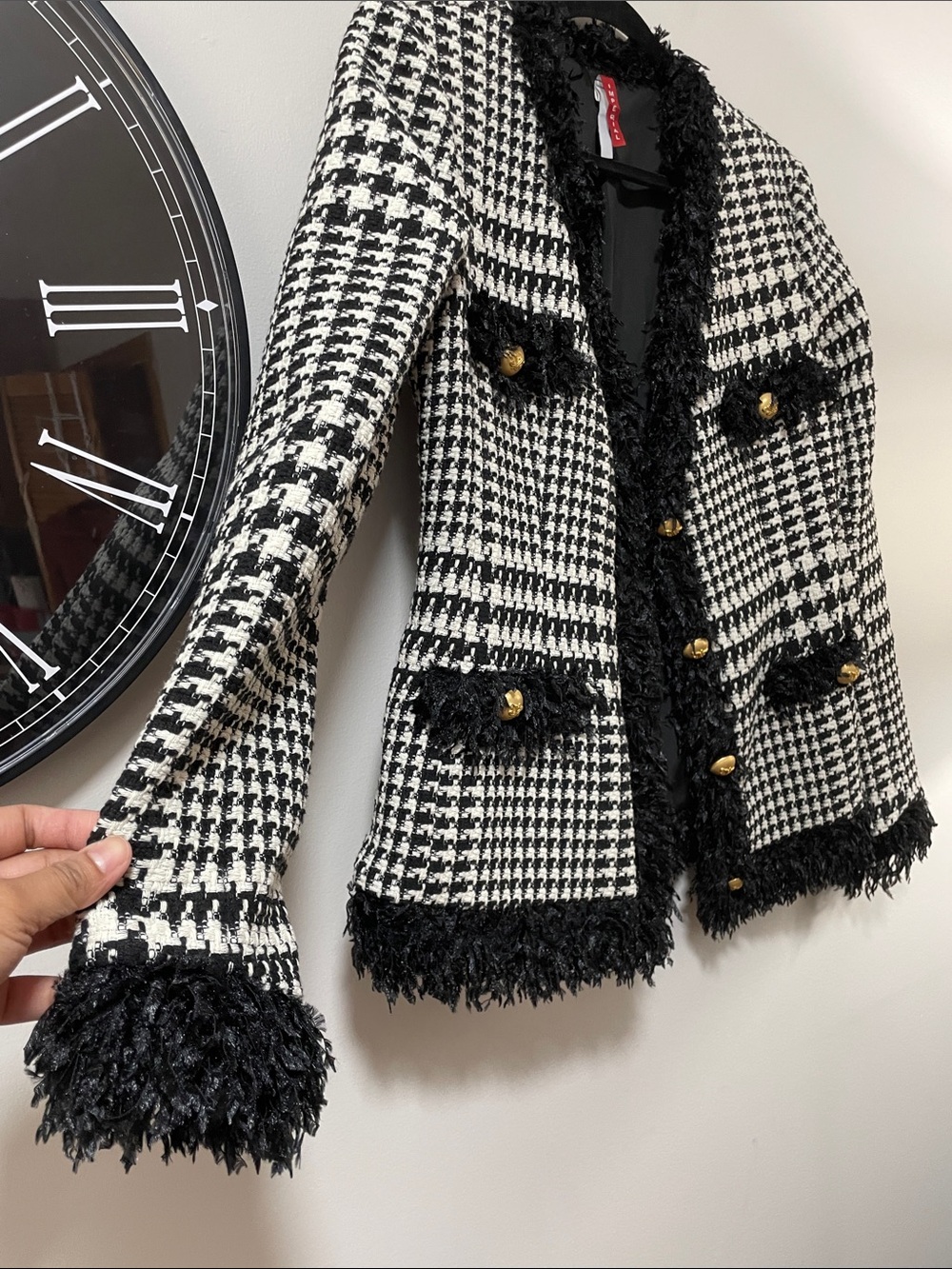 Imperial Black & White Houndstooth Fringe Tweed Blazer - Picture 10 of 17